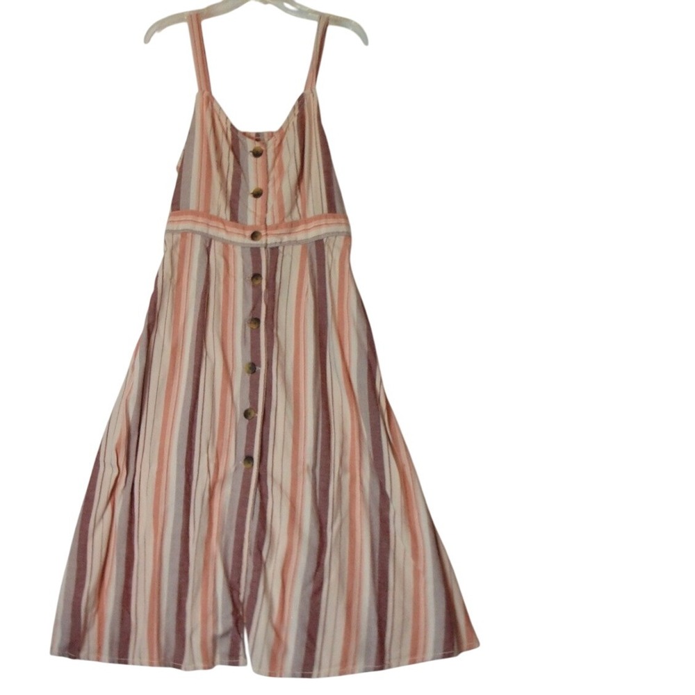 Ana‎ Womens Large Midi Striped Smocked Sleeveless Summer Full Button
